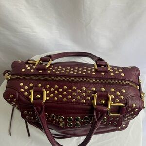 Rebecca Minkoff Wine Leather Studded Satchel with Gold Hardware